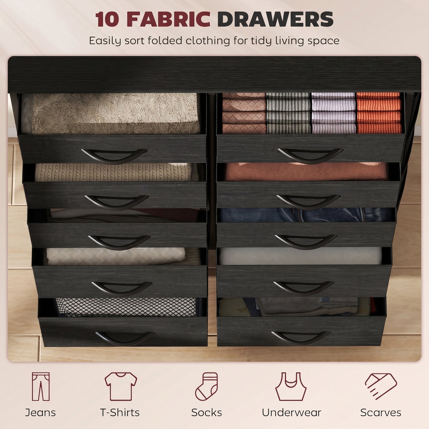 HOMCOM Chest of Drawers, Dresser with 10 Fabric Drawers, Tall Storage Unit with 4 Pockets and 2 Hooks Steel Frame, Black
