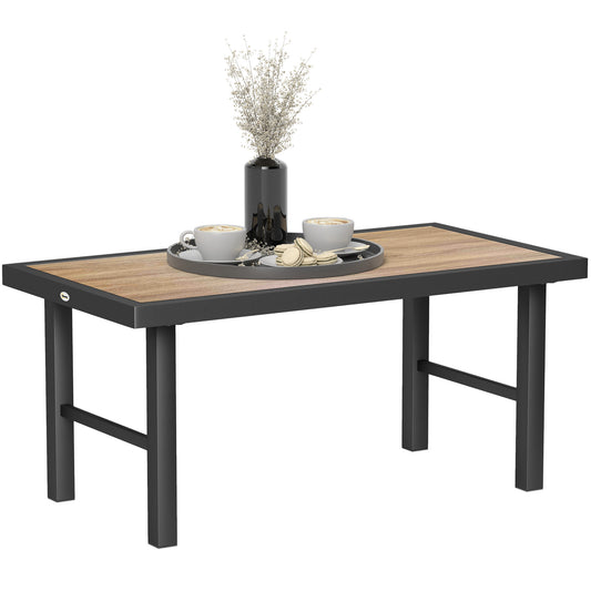 Outsunny Metal Garden Coffee Table, Outdoor Side Table with SPC Woodgrain Tabletop, 100 x 53 x 46cm, Brown Wood Effect