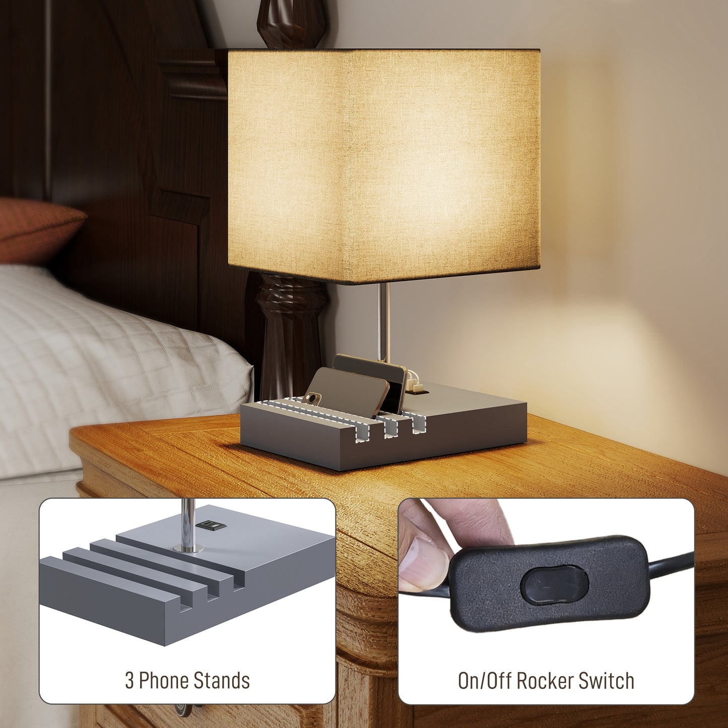 HOMCOM Bedside Lamp with USB A+C Charging Ports and 3 Phone Stands, Modern Table Lamp with Solid Wood Base, E27 Socket, Bulb Not Included, Grey