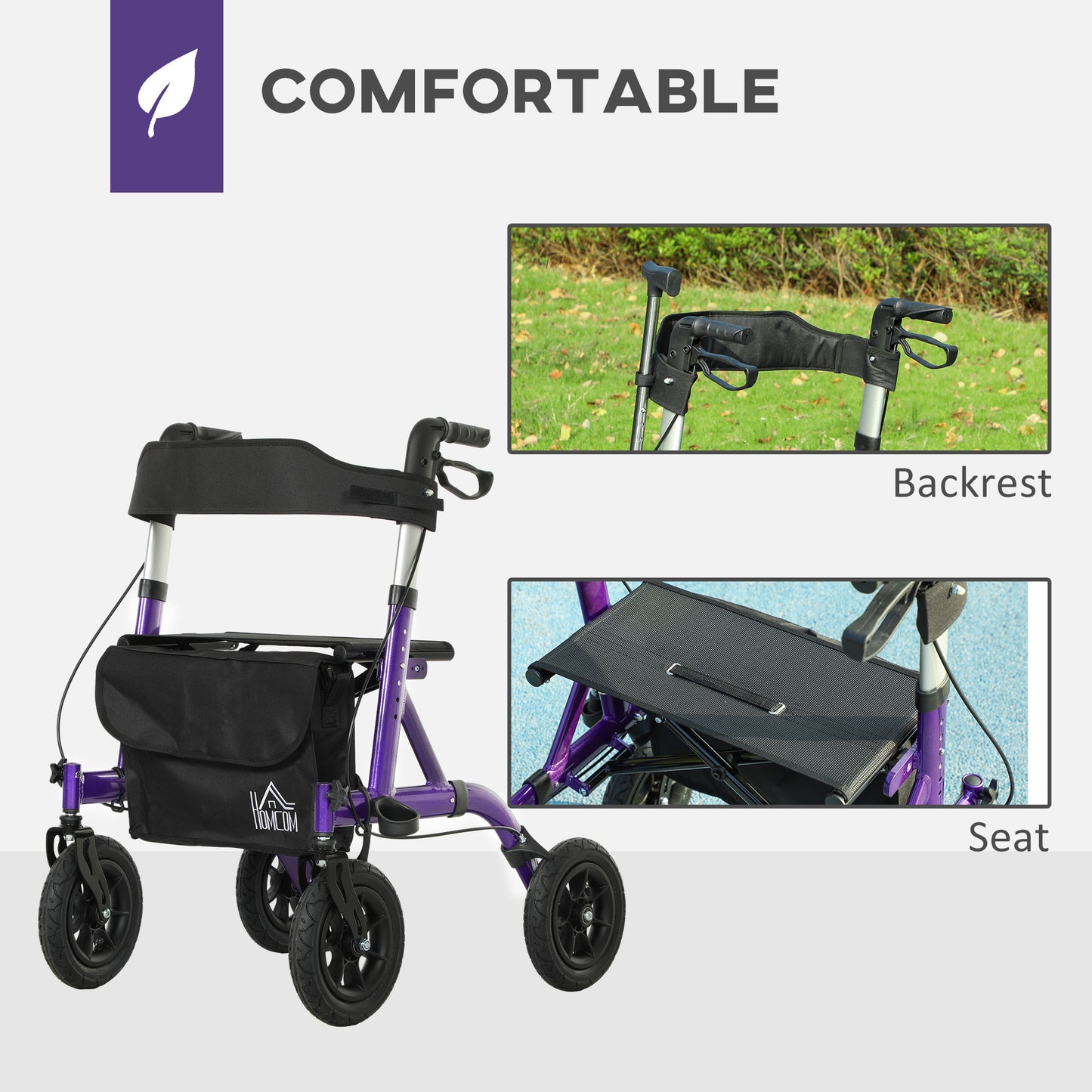 HOMCOM Folding Rollator Walker with Seat, Storage Bag, Adjustable Handle, Purple
