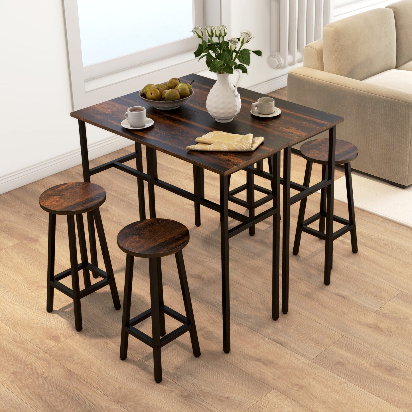 HOMCOM 6-Piece Bar Table Set 2 Breakfast Tables with 4 Stools Counter Height Dining Tables & Chairs for Kitchen Living Room Rustic Brown