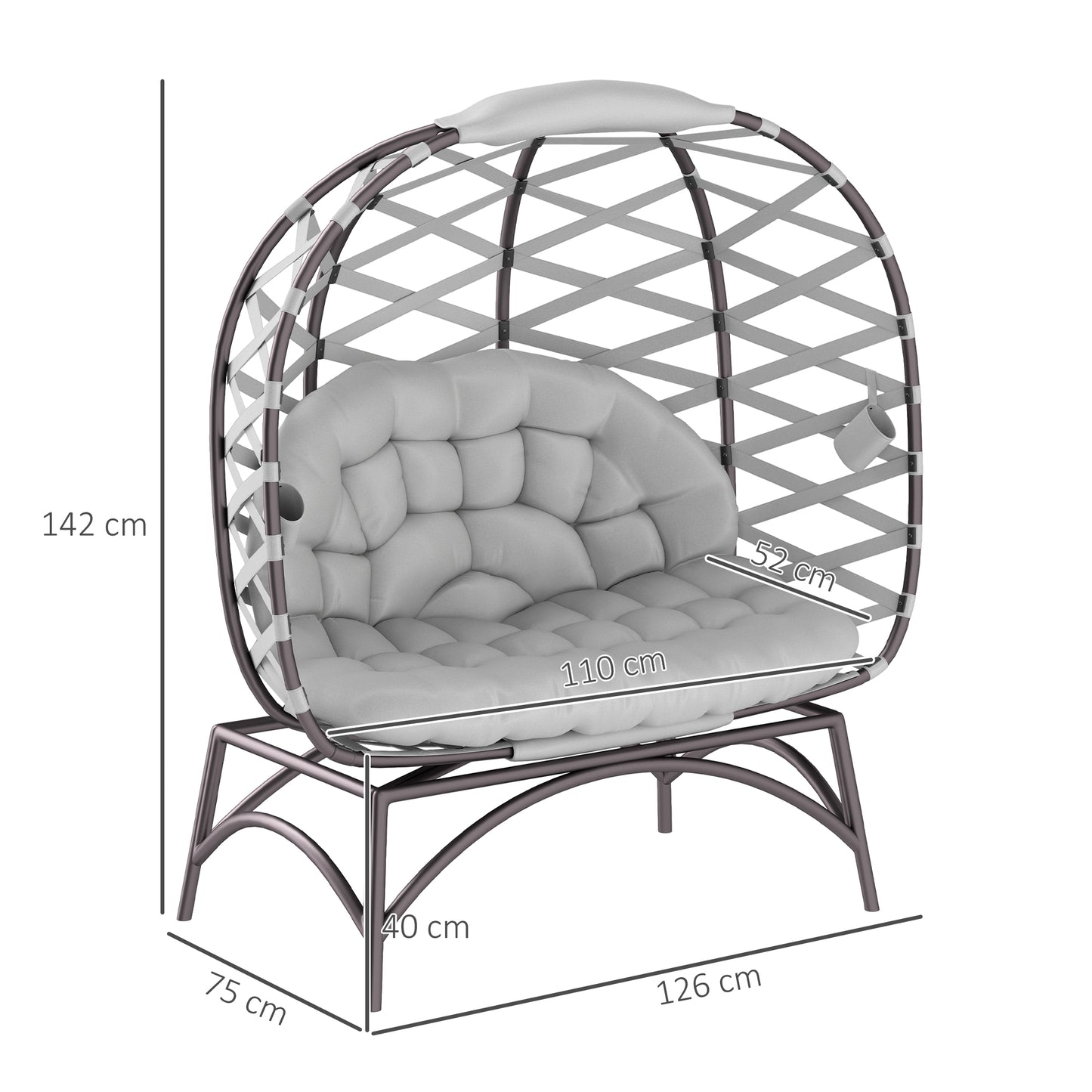 Outsunny 2 Seater Egg Chair Outdoor, Folding Weave Garden Furniture Chair with Cushion, Cup Pockets - Light Grey