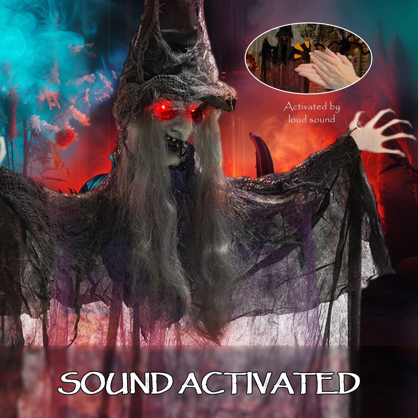 Outsunny 183 cm Life Size Halloween Animated Witch with Glowing LED Eyes, Battery Operated, Indoor Party Props, Black