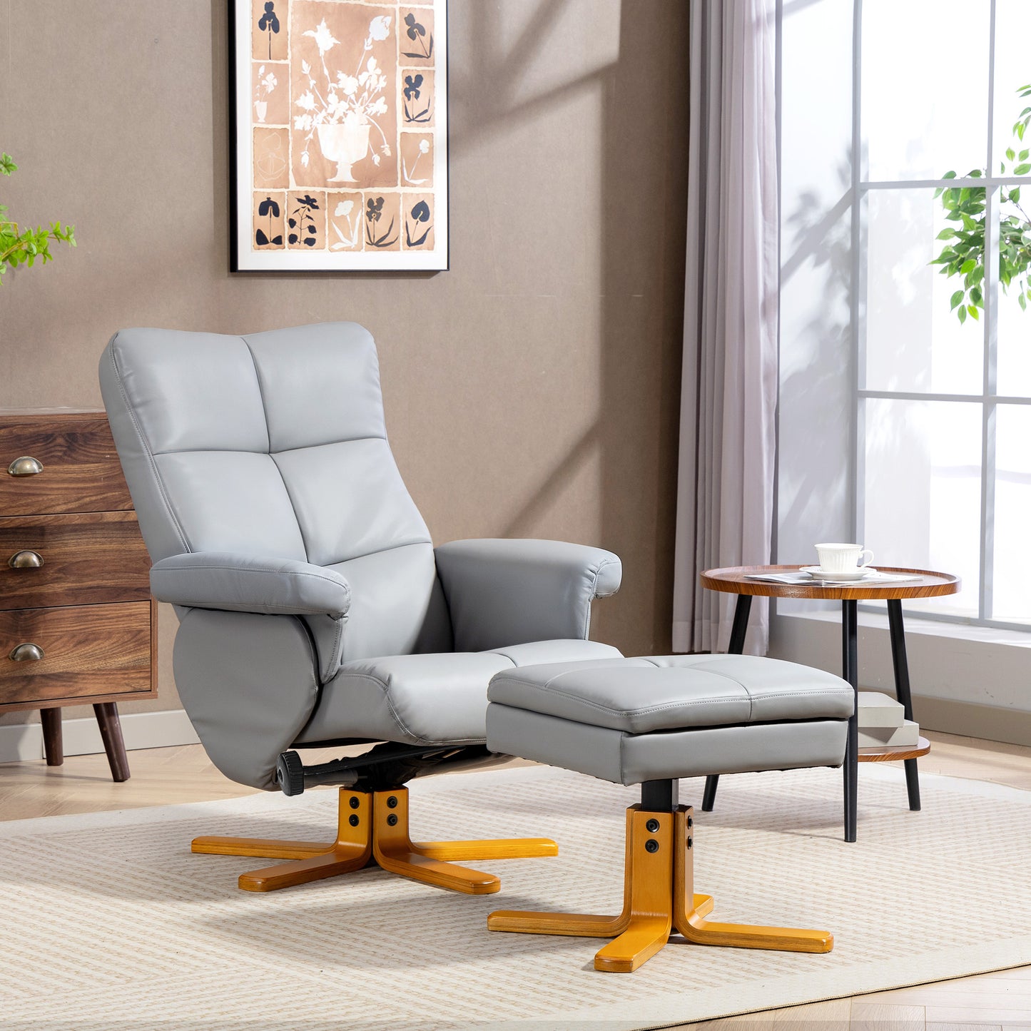 HOMCOM Recliner Armchair, Swivel Chair with Ottoman, Faux Leather, Wooden Base, Storage Footstool for Living Room, Light Grey