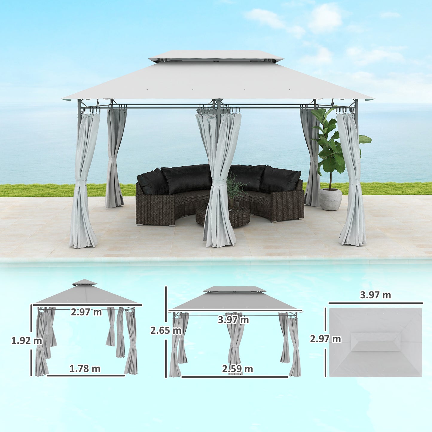 Outsunny 3 x 4m Garden Gazebo with Sides, Double Roof Metal Gazebo, Outdoor Gazebo Canopy Shelter for Patio, Deck, Dark Grey