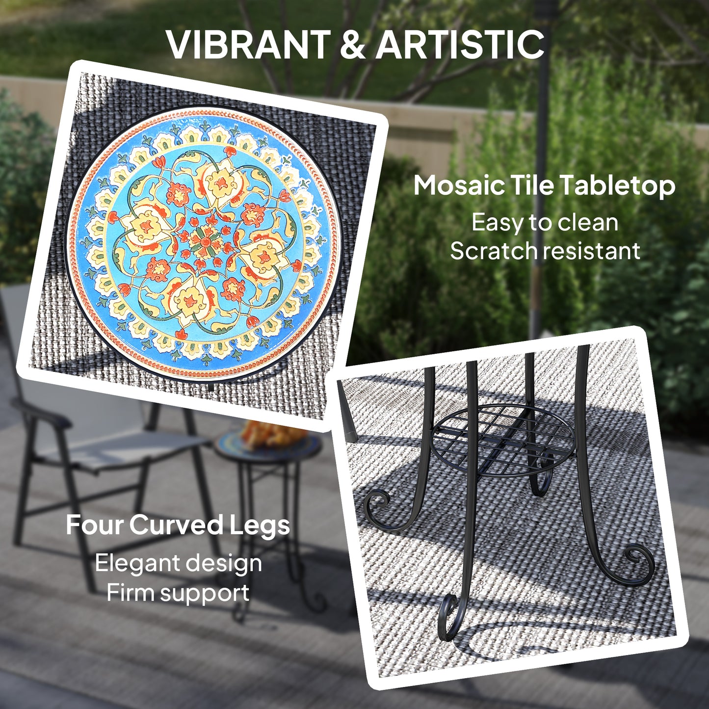 Outsunny Mosaic Garden Table, 35.5 cm Round, Ceramic Tile Top, Side Table/Plant Stand, Blue for Patio/Balcony