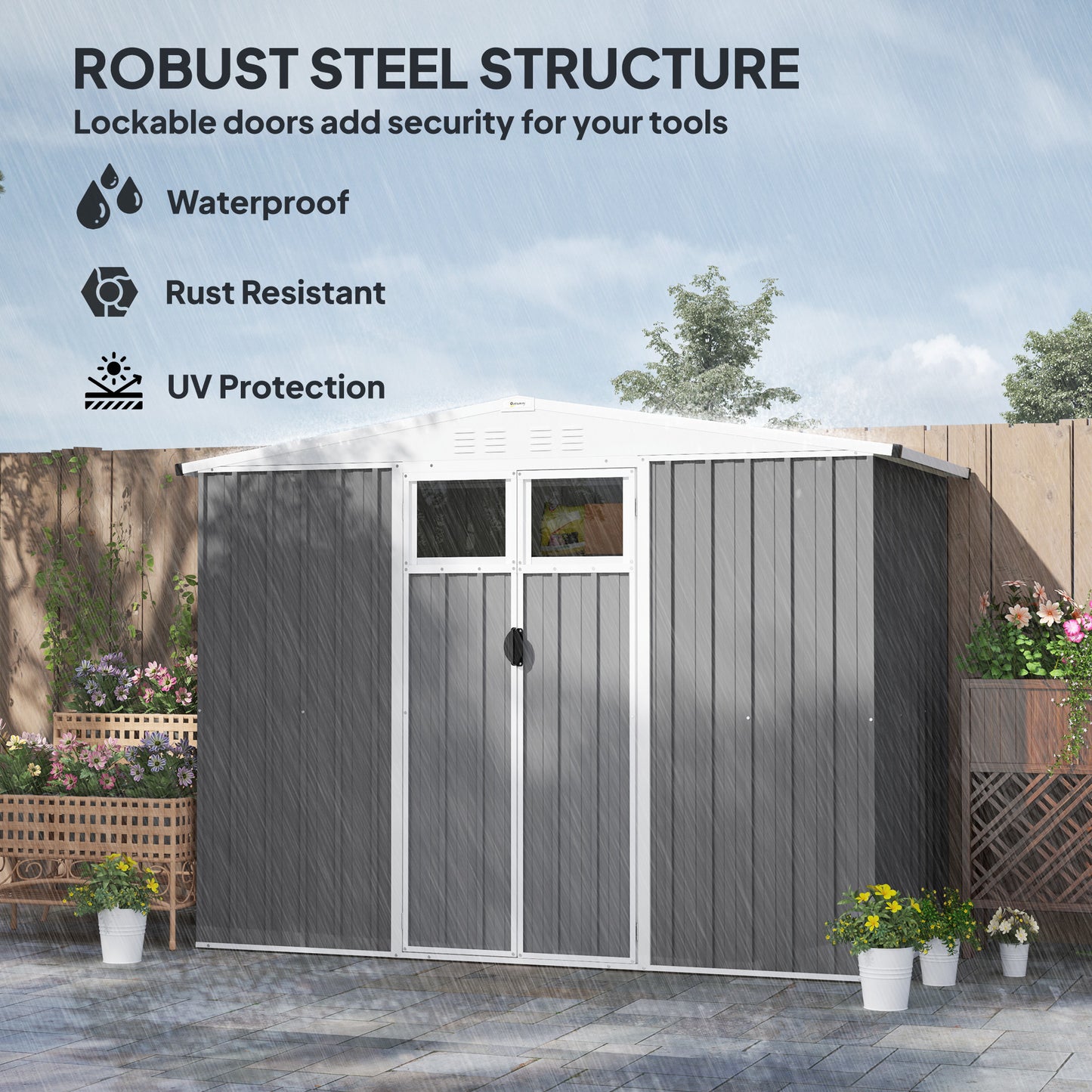 Outsunny Metal Garden Shed, 8 x 4 ft Storage Shed with Window, Vents, Lockable Door, Waterproof Steel Tool Storage, Light Grey