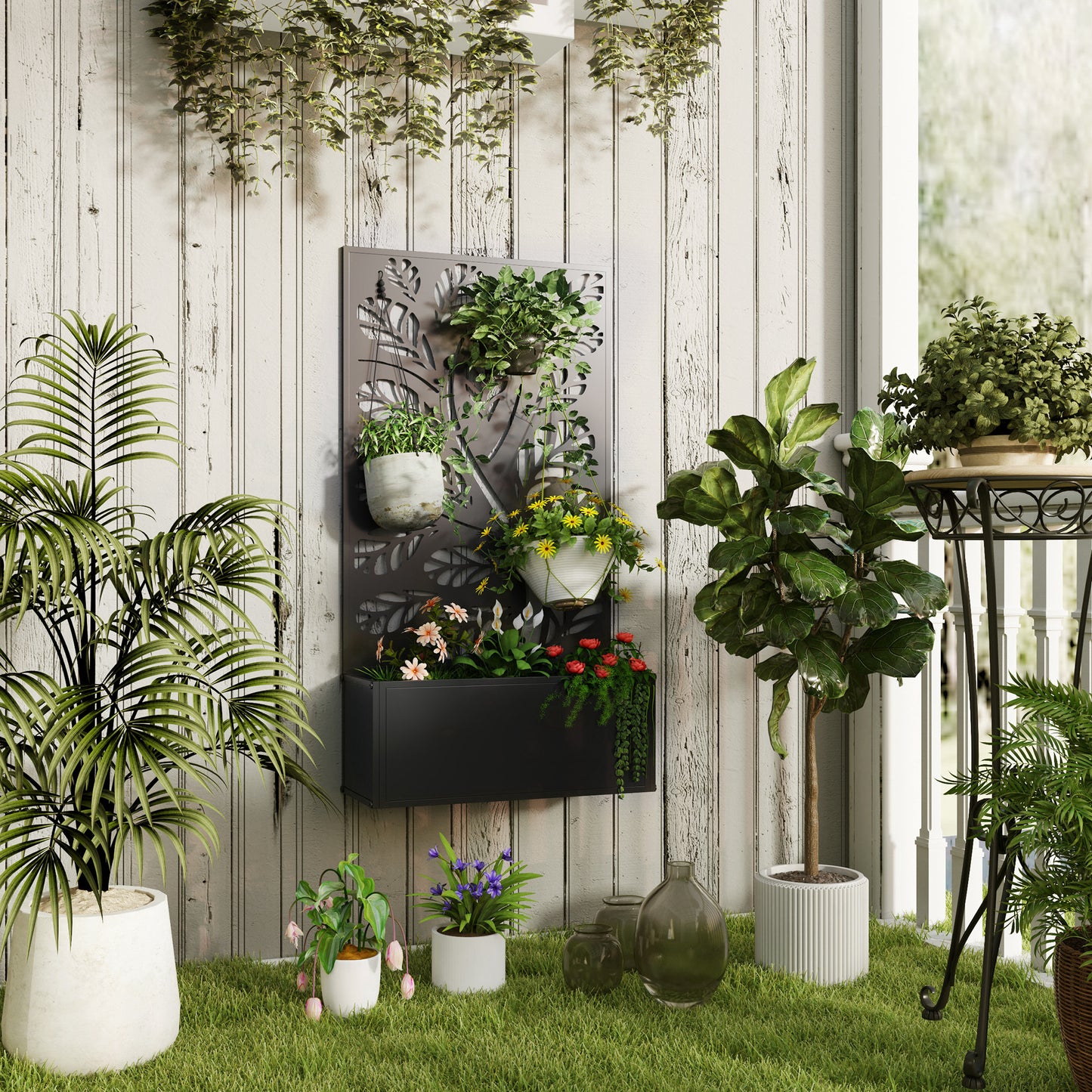 Outsunny Outdoor Metal Planter, with Tree Back Trellis - Black