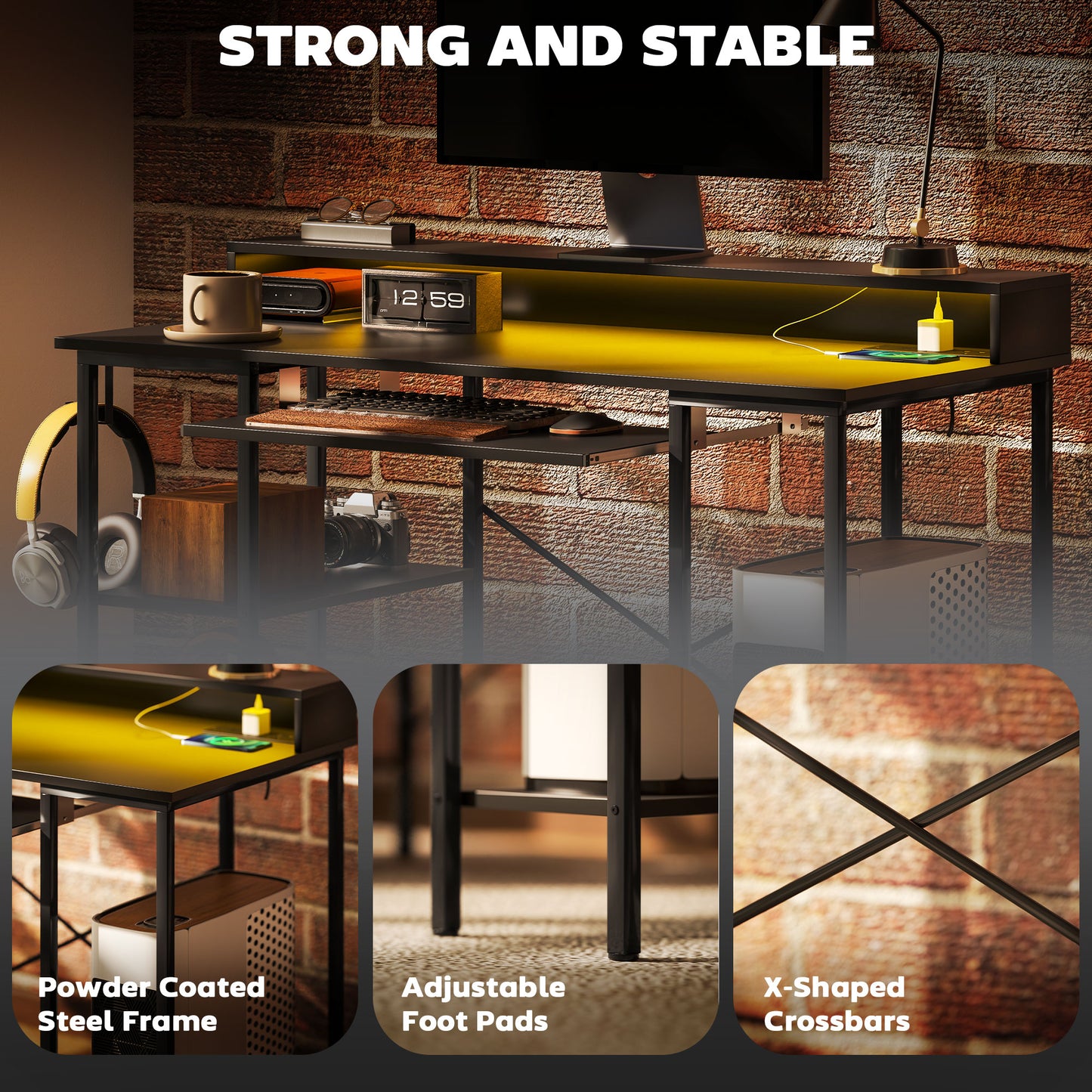 HOMCOM Reversible Computer Desk with LED, Power Outlets, Monitor Stand, Keyboard Tray, Storage Shelves, 120x55cm. Industrial Office Desk, Black