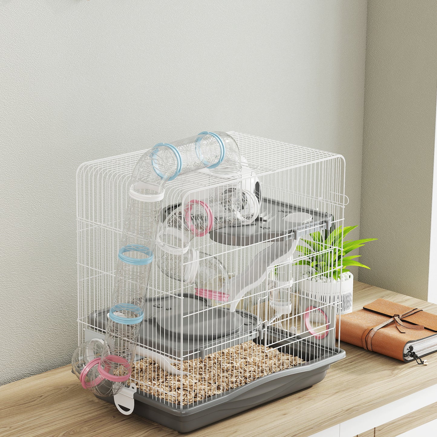 PawHut 3-Tier Hamster Cage with Exercise Wheels, Water Bottle, Food Dish, for Dwarf Hamsters, 45 x 30 x 45 cm, Grey