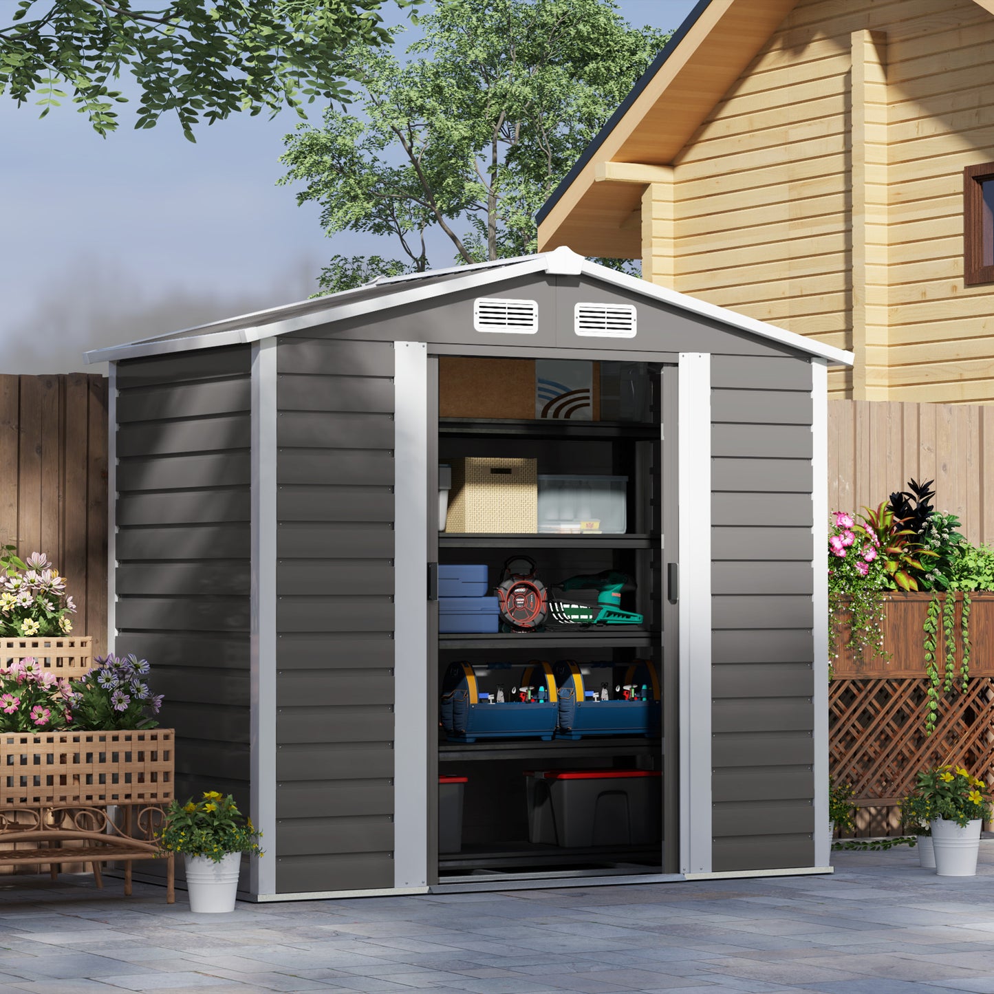 Outsunny Garden Shed, 7x4ft Galvanised Steel Frame, Double Doors with Lock, Vents & Gloves, Foundation Kit Included, Light Grey