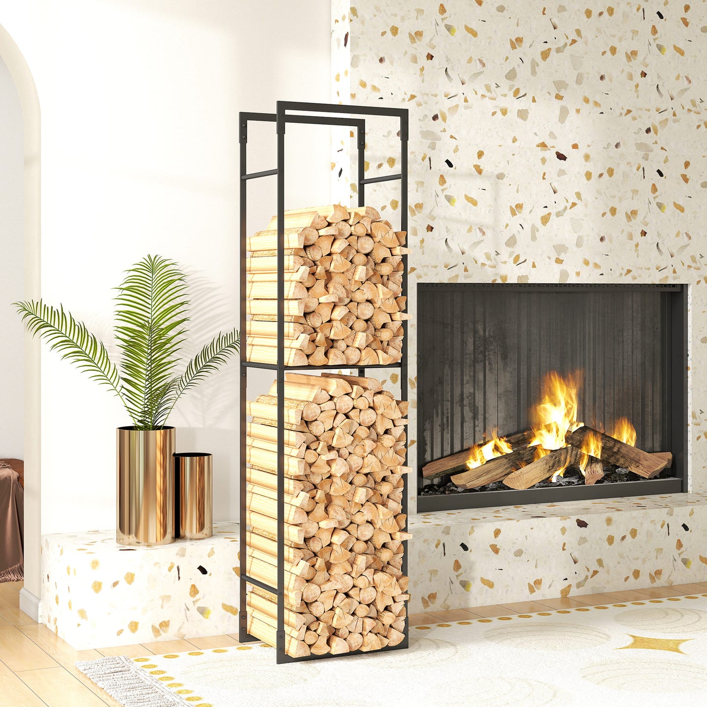 Outsunny Metal Firewood Log Holder, Heavy Duty Rack with Adjustable Shelf for Indoor/Outdoor, 45x31x170 cm, Black