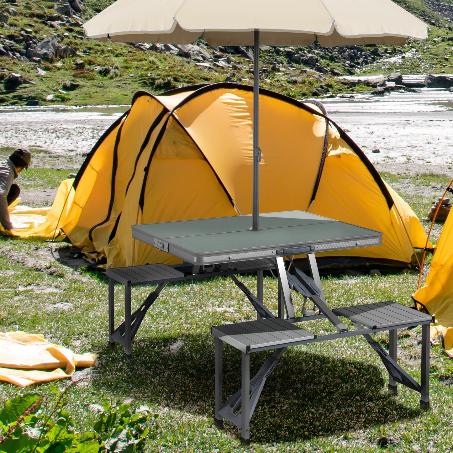 Outsunny Folding Picnic Table with 4 Seats and Umbrella Hole - Grey