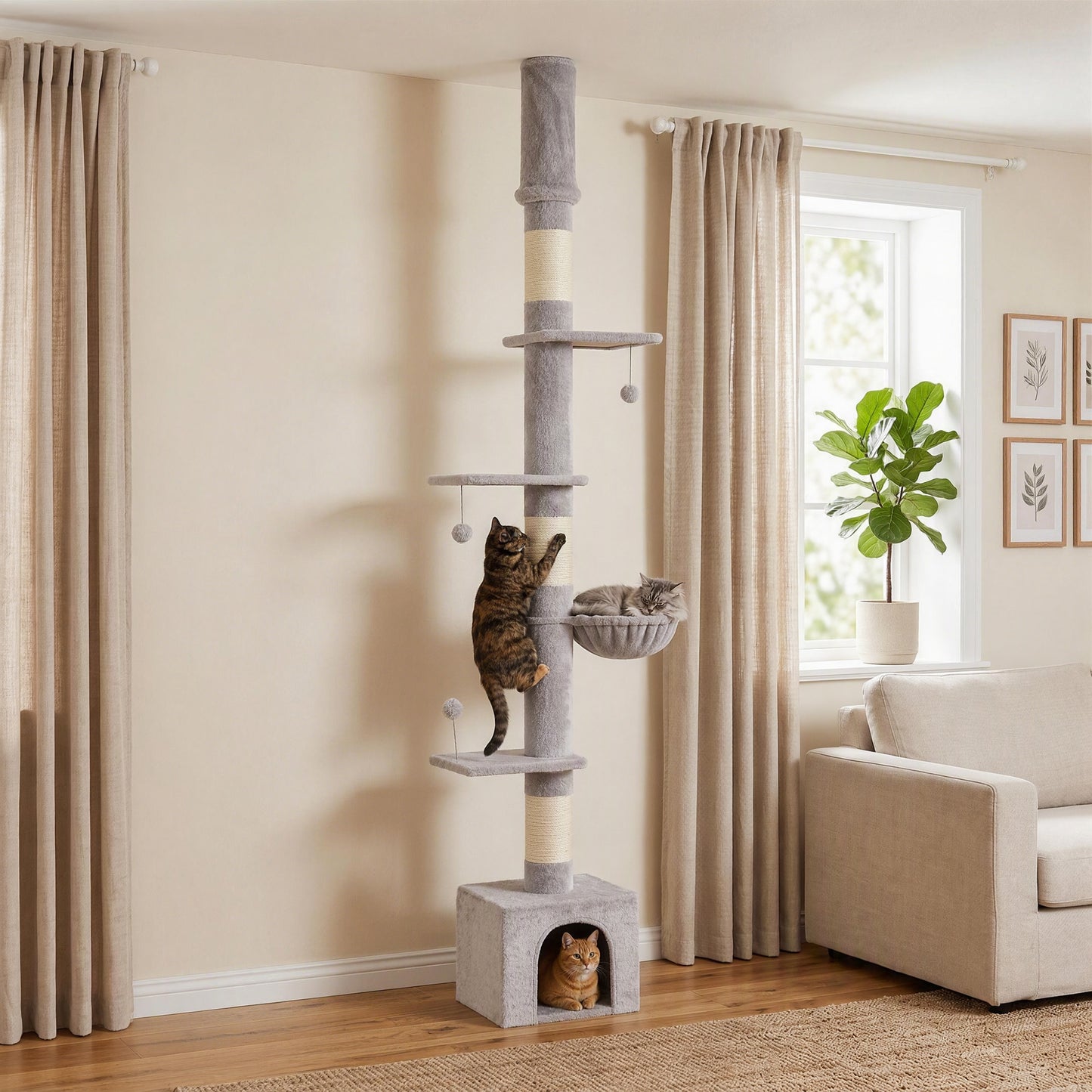 PawHut Floor to Ceiling Cat Tree, 230-250cm Multi-Level Cat Tower with Adjustable Height, Scratching Posts, Condo, Platforms