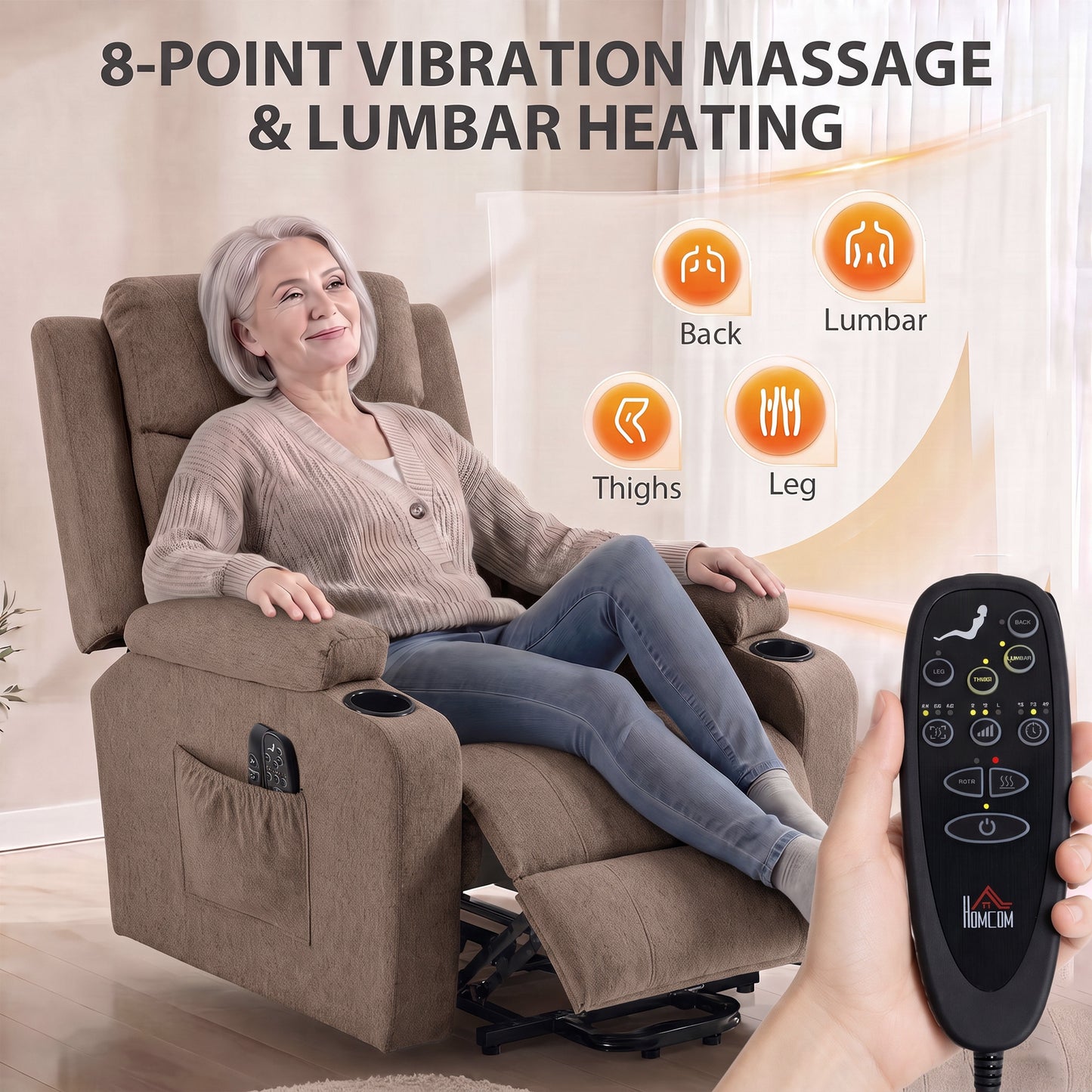 HOMCOM Riser Recliner Chair with Massage and Heat, Linen Electric Lift Armchair for Elderly with Spring Cushion, Brown