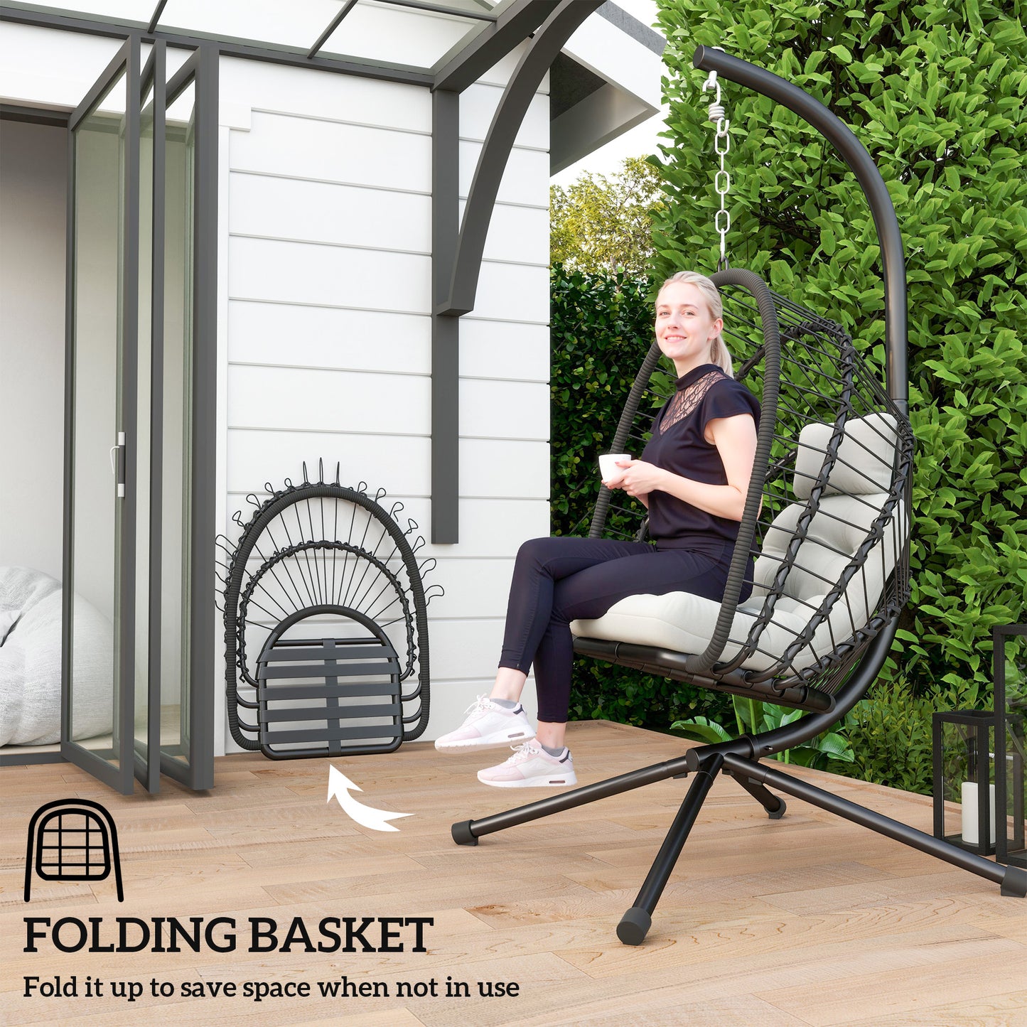 Outsunny Garden Swing Chair, Rattan Egg with Cushion & Metal Stand, for Indoor/Outdoor Use, Black