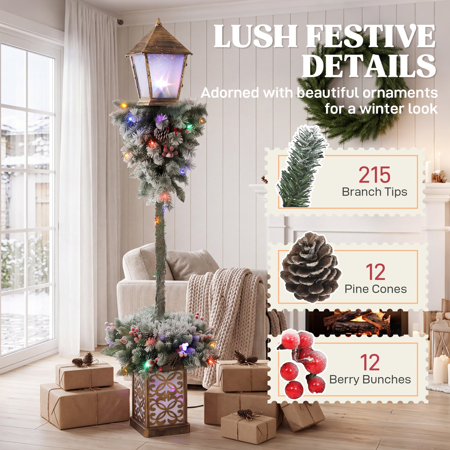 Outsunny Christmas Street Lamp, Outdoor Lighted Christmas Lamp Post with LED Lights, Snow Flocked Tips, Red Berries, Pine Cones