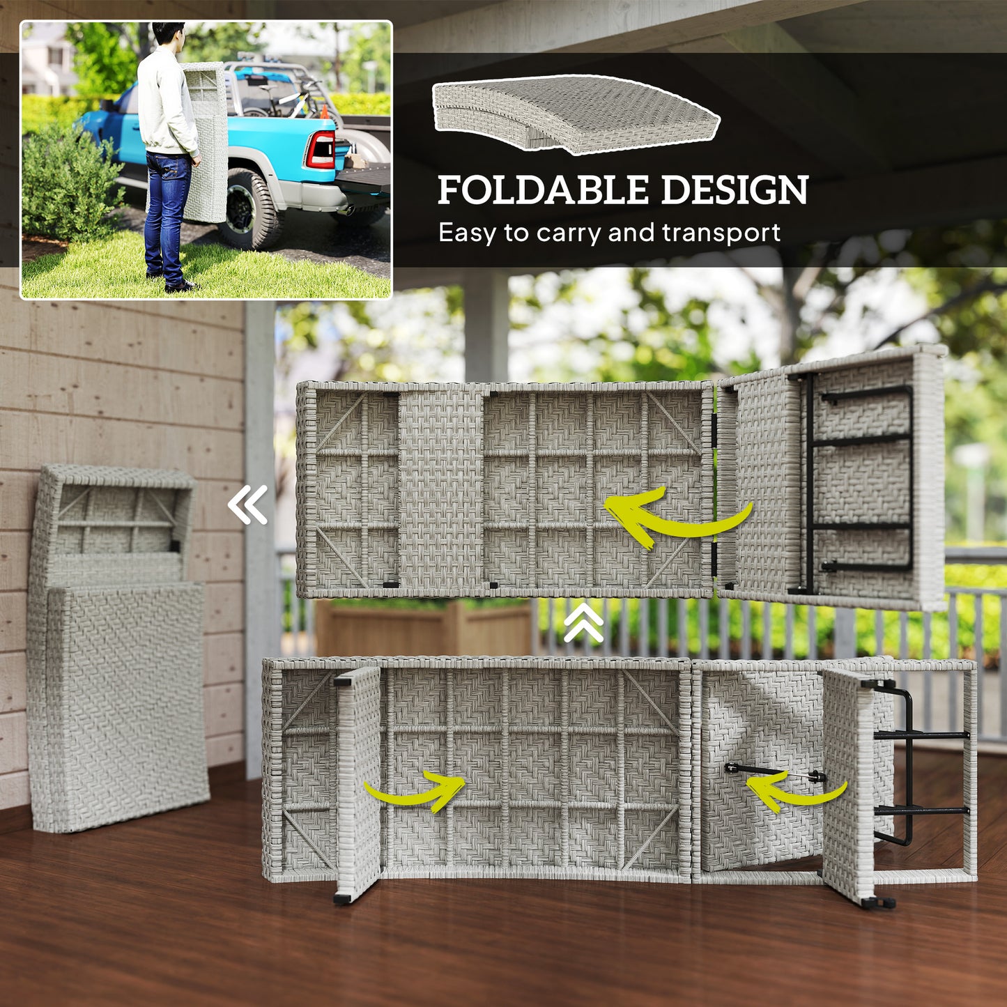 Outsunny Outdoor PE Rattan Folding Sun Lounger with Adjustable Backrest, Wheels & Non-Slip Legs for Balcony/Beach, Grey.