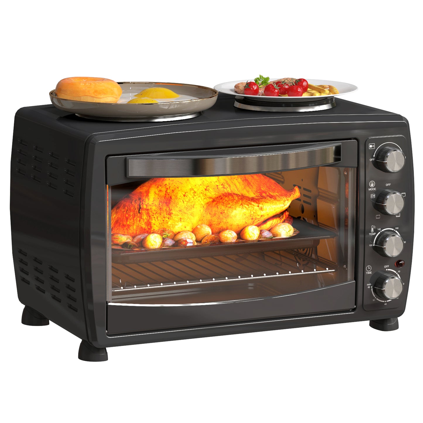 HOMCOM 36L Electric Oven & 2 Hot Plates, Countertop Toaster - Bake, Grill, Roast, Boil, Timer, 2600W, Black