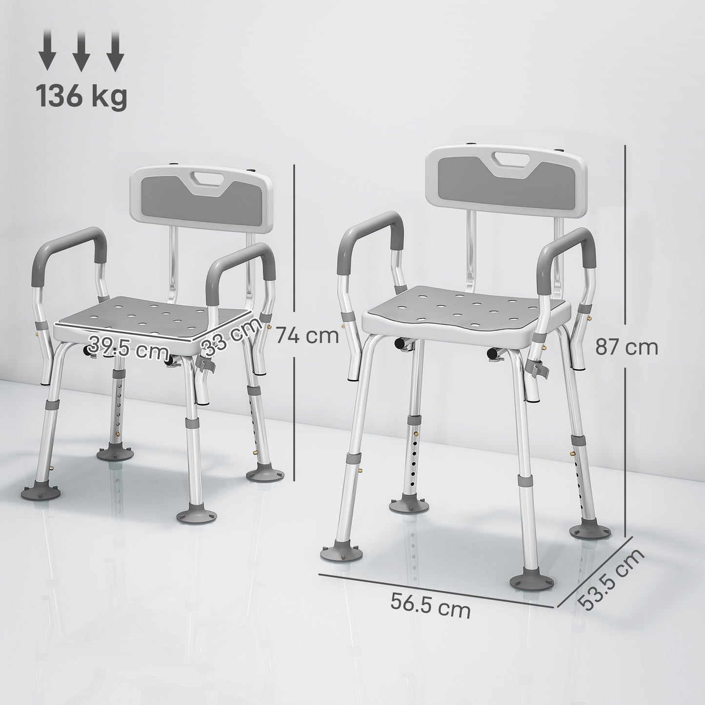 HOMCOM EVA Padded Shower Chair, Height Adjustable with Back & Arms, 4 Suction Foot Pads for Elderly & Disabled, Light Grey