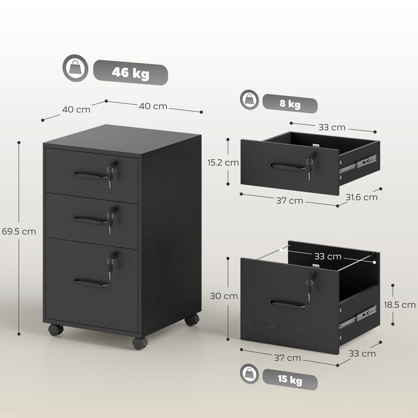 HOMCOM Three Drawer Wood-Effect Filing Cabinet - Black