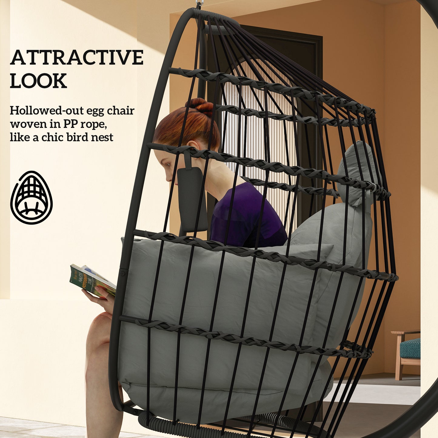 Outsunny Hanging Egg Chair: Indoor/Outdoor Swing with Stand, Cushion, Headrest, Cup Holder, Dark Grey
