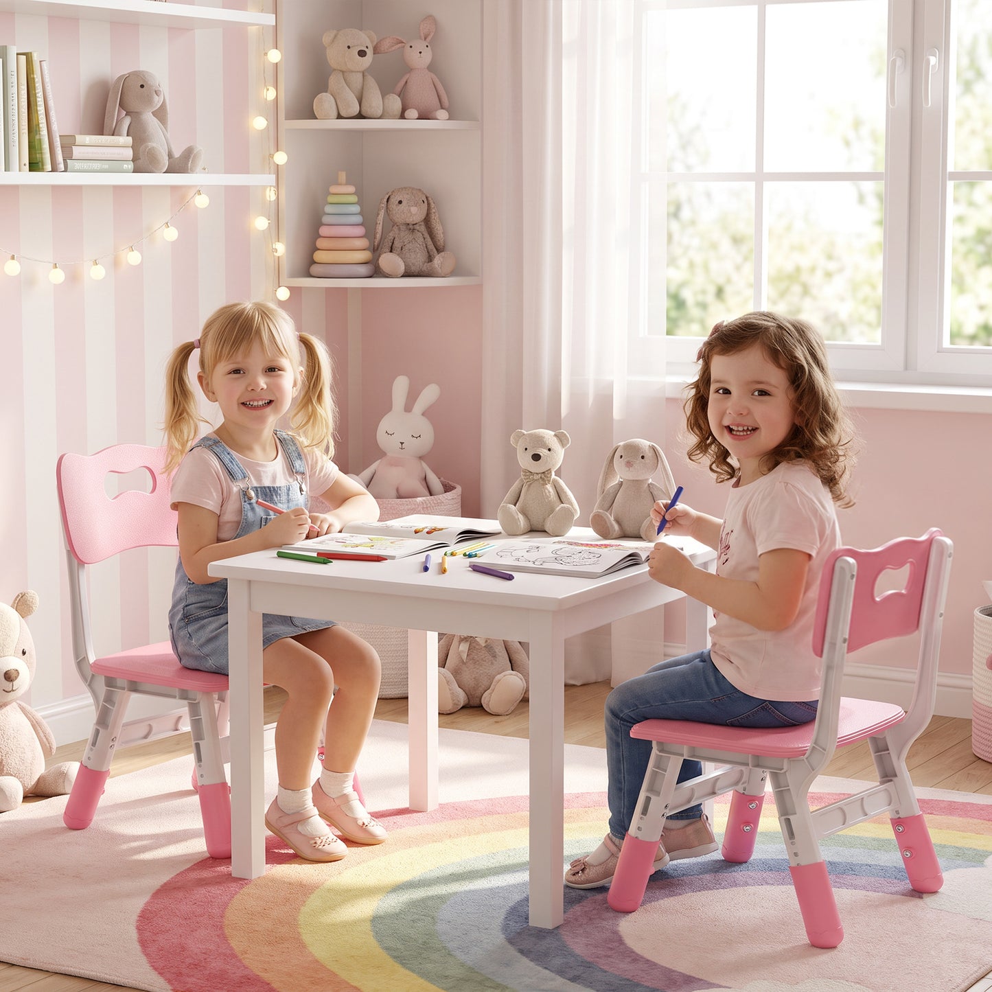 AIYAPLAY 2 PCS Kids Desk Chairs, 3 Level Height Adjustable Children's Chairs with Backrest for 1.5-8 Years, Max Load 50KG, Pink