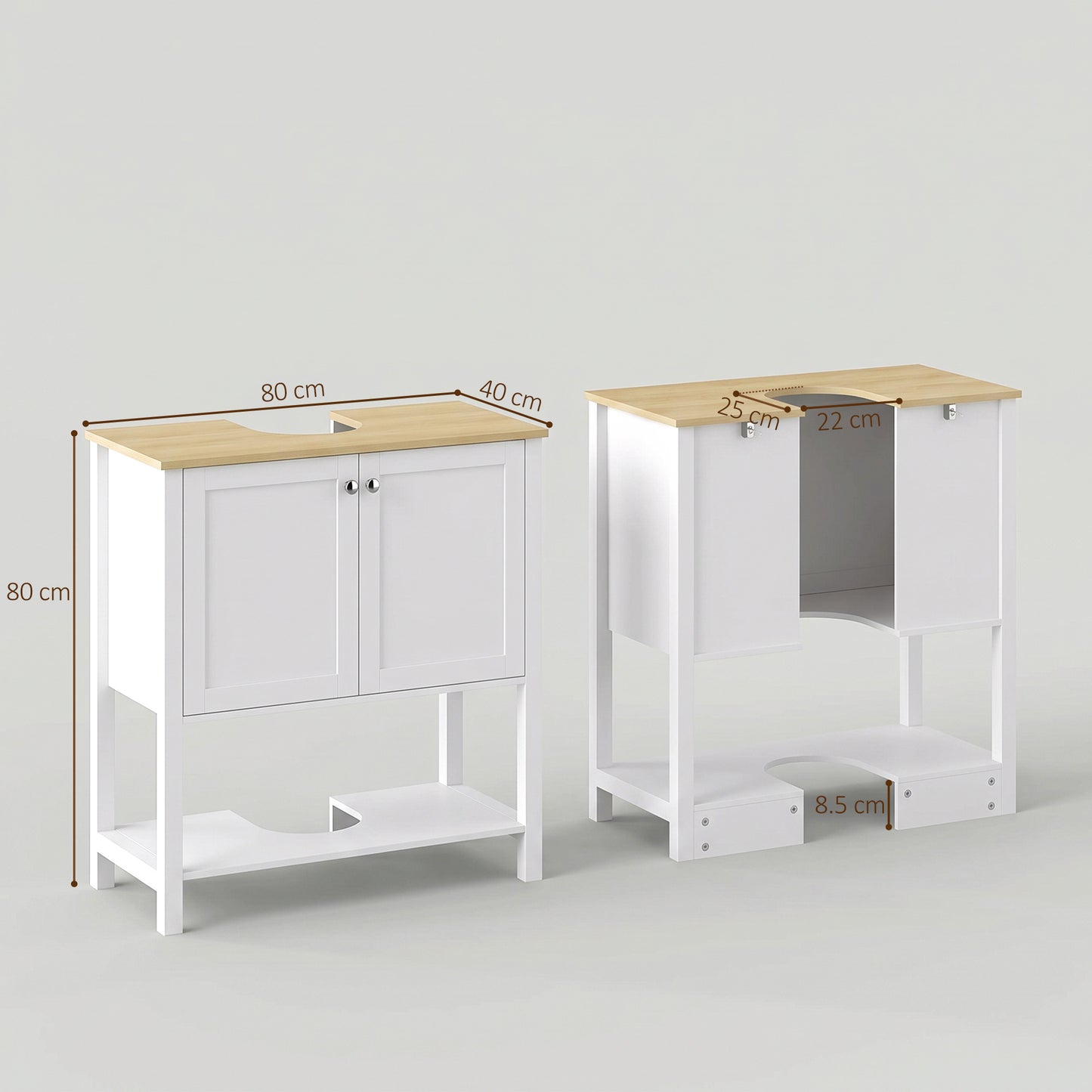 HOMCOM Under Sink Bathroom Cabinet with 2 Doors, Open Shelf and U-Shape Cut-Out for Basin with or without Pedestal, White
