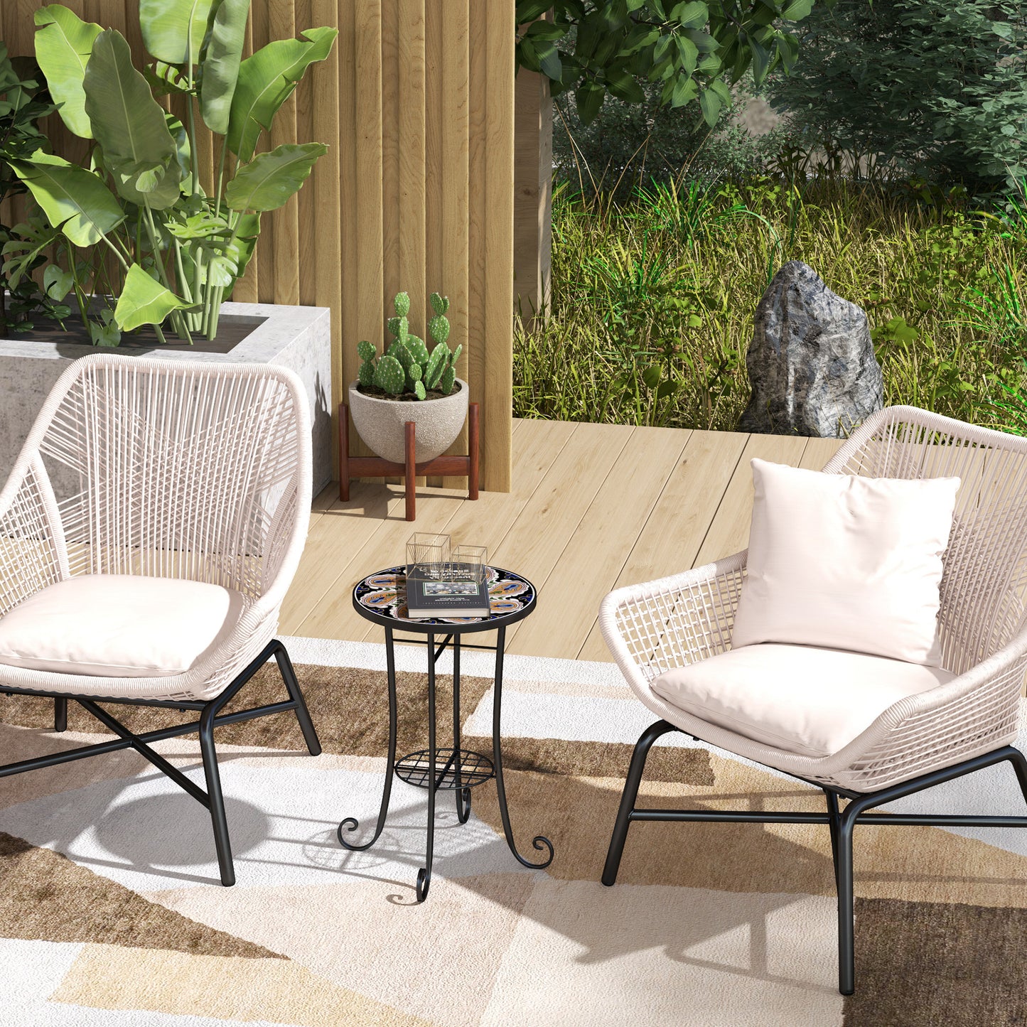 Outsunny Mosaic Garden Table, 35.5 cm Round Outdoor Ceramic Tile Top, Patio/Balcony End Table, Orange