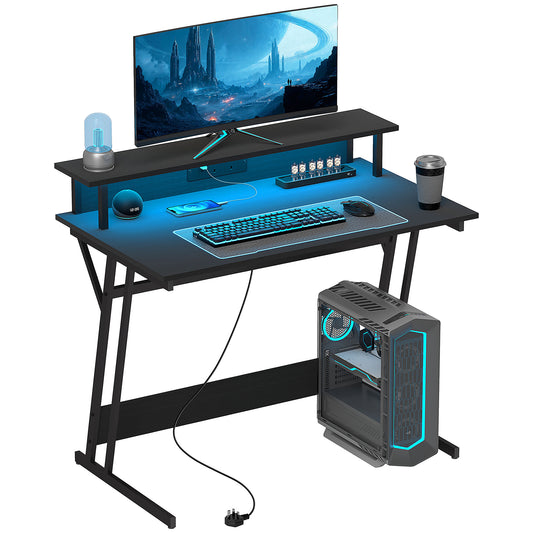 HOMCOM Gaming Desk with LED Lights, Z-Shaped Frame, Monitor Stand, Power Outlets, Black
