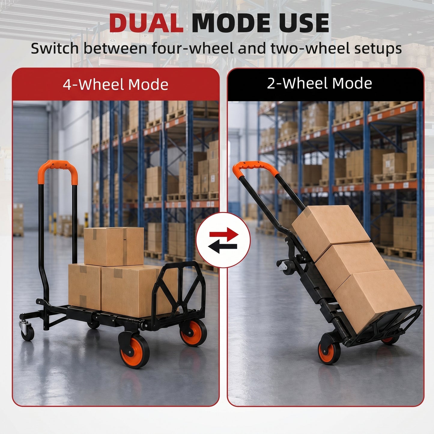HOMCOM Steel 2-in-1 Folding Hand Truck on Wheels,  Foldable Trolley with Foldable Base, 120kg, Black and Orange