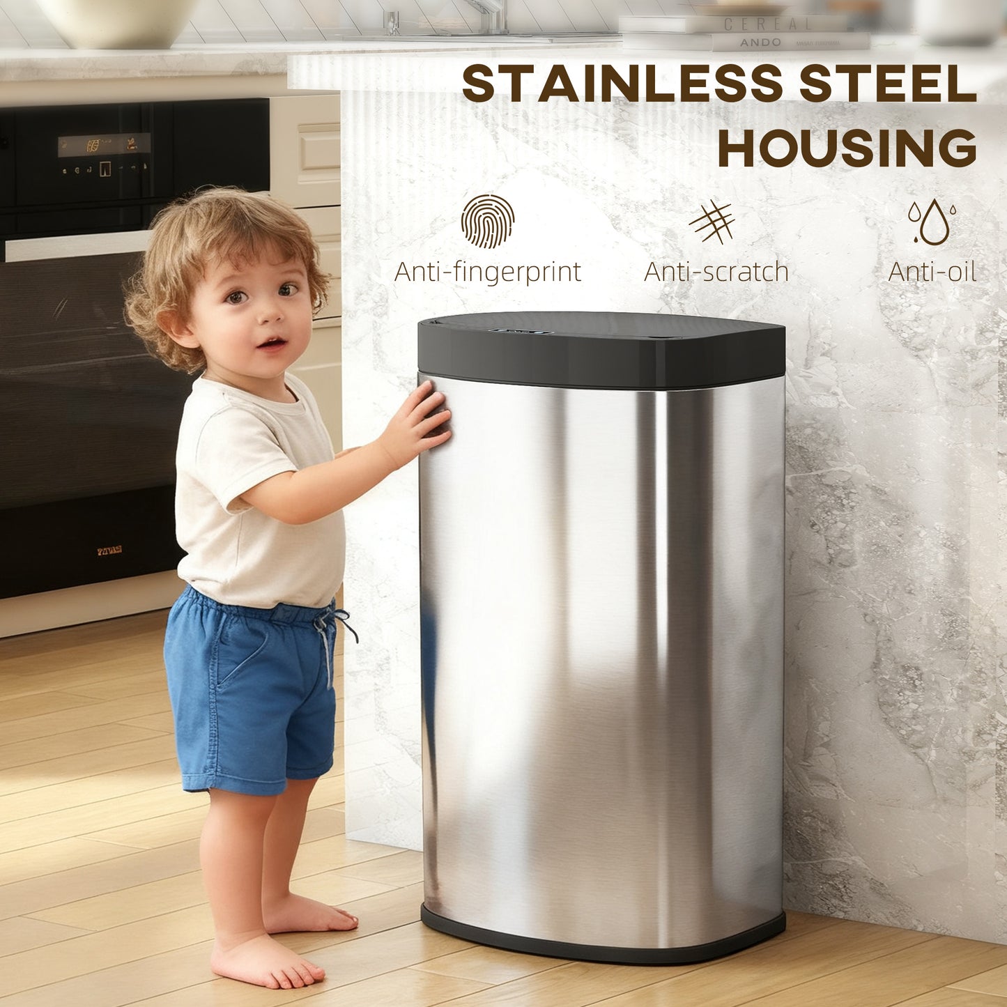 HOMCOM Sensor Bin, 55L Soft-Close Lid, Automatic Touchless Motion, Fingerprint Resistant, Kitchen/Gym/Office Use, Silver Tone