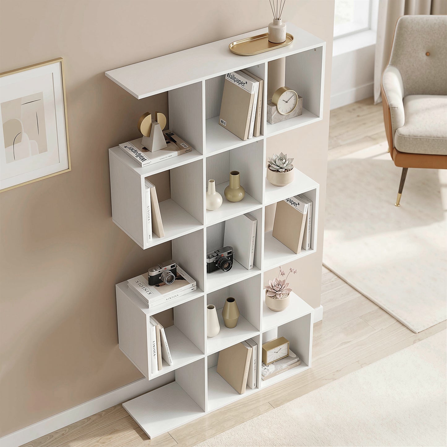 HOMCOM 5-Tier Bookshelf, S Shaped Geometric Bookcase with 15 Compartments, White Wood Effect