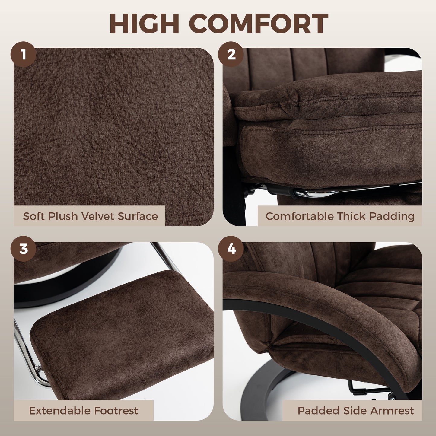 HOMCOM Swivel Recliner Chair, Velvet Recliner Armchair with Retractable Footrest, Dual-Layer Cushion, High Back, Dark Brown