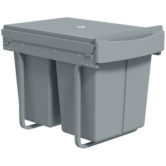 HOMCOM Pull Out Bin, 40L with Smooth Glide, Frosted Storage Lid, 2 Removable Compartments for Waste & Recycling, Kitchen Under Sink, Grey