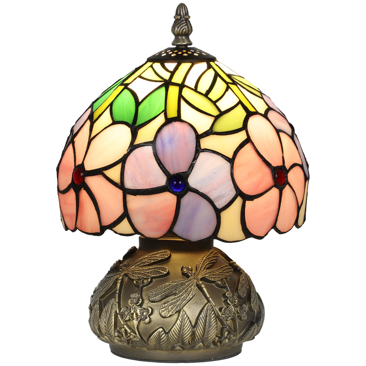 HOMCOM Tiffany-Style Table Lamp, Sculpted Dragonfly Base, Handcrafted Stained Glass, E27 Socket, for Living Room/Bedroom, Pink