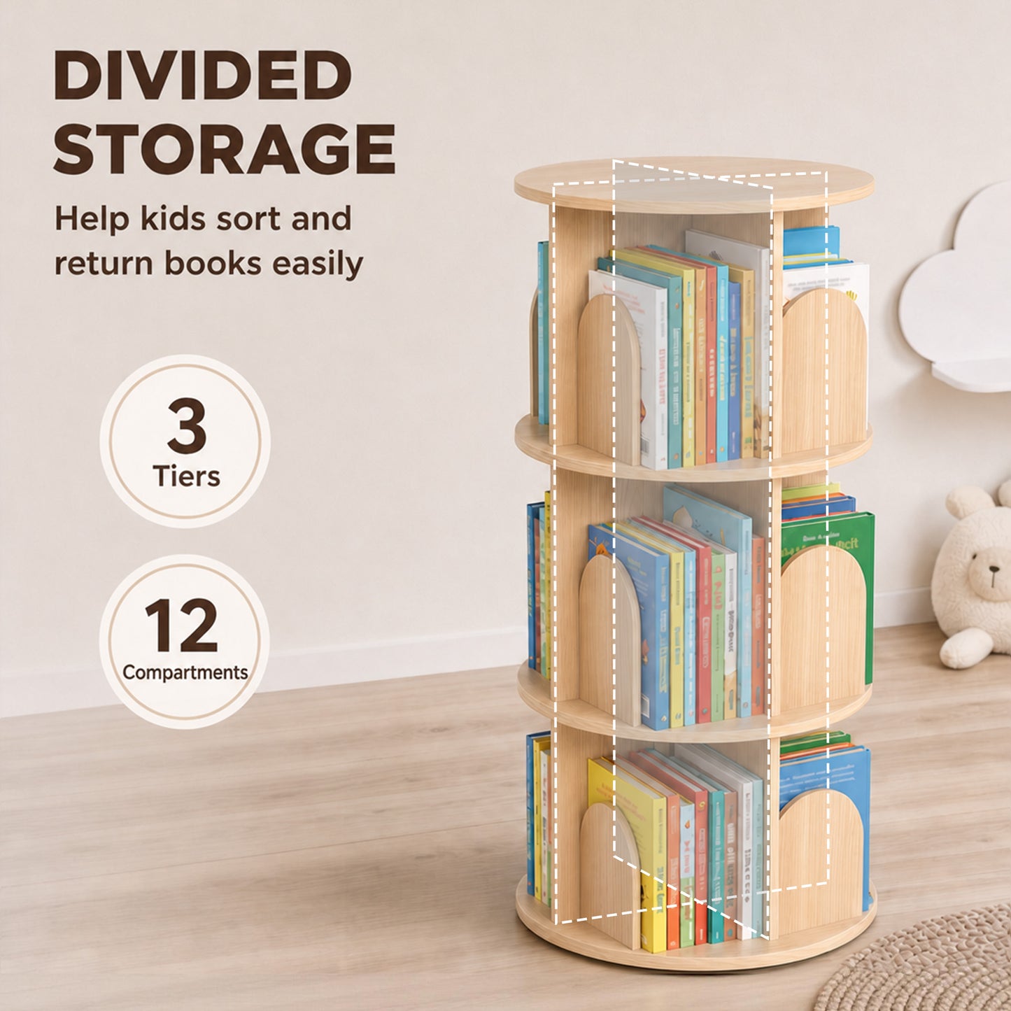 AIYAPLAY 3-Tier Rotating Bookcase, Round Kids Bookshelf Floor Standing 360° Rotating for Bedroom, Kids Room and Playroom, Natural