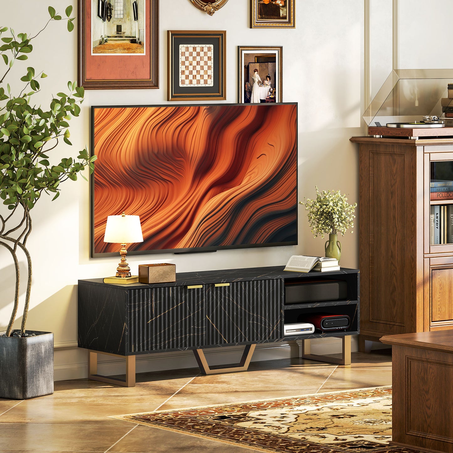 HOMCOM TV Stand Cabinet, Marble Effect, Fits up to 70" TVs, Modern Design with Shelves, Storage, Fluted Door, Cable Management, Black