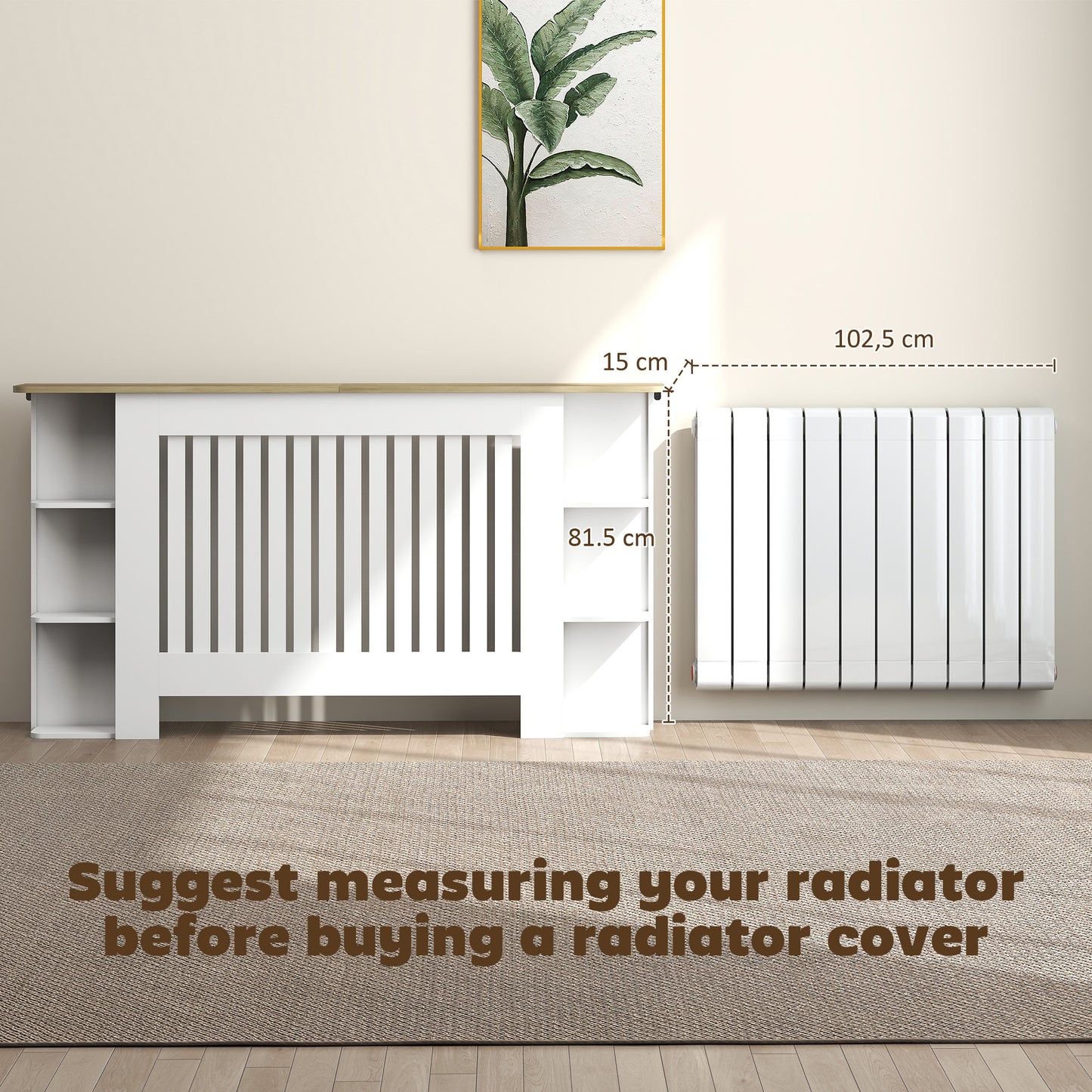 HOMCOM Radiator Cover with Storage Shelves, Vertical Slatted Design, Large, Living Room/ Hallway Cabinet, White (H: 83 / W: 152 / D: 19 cm)