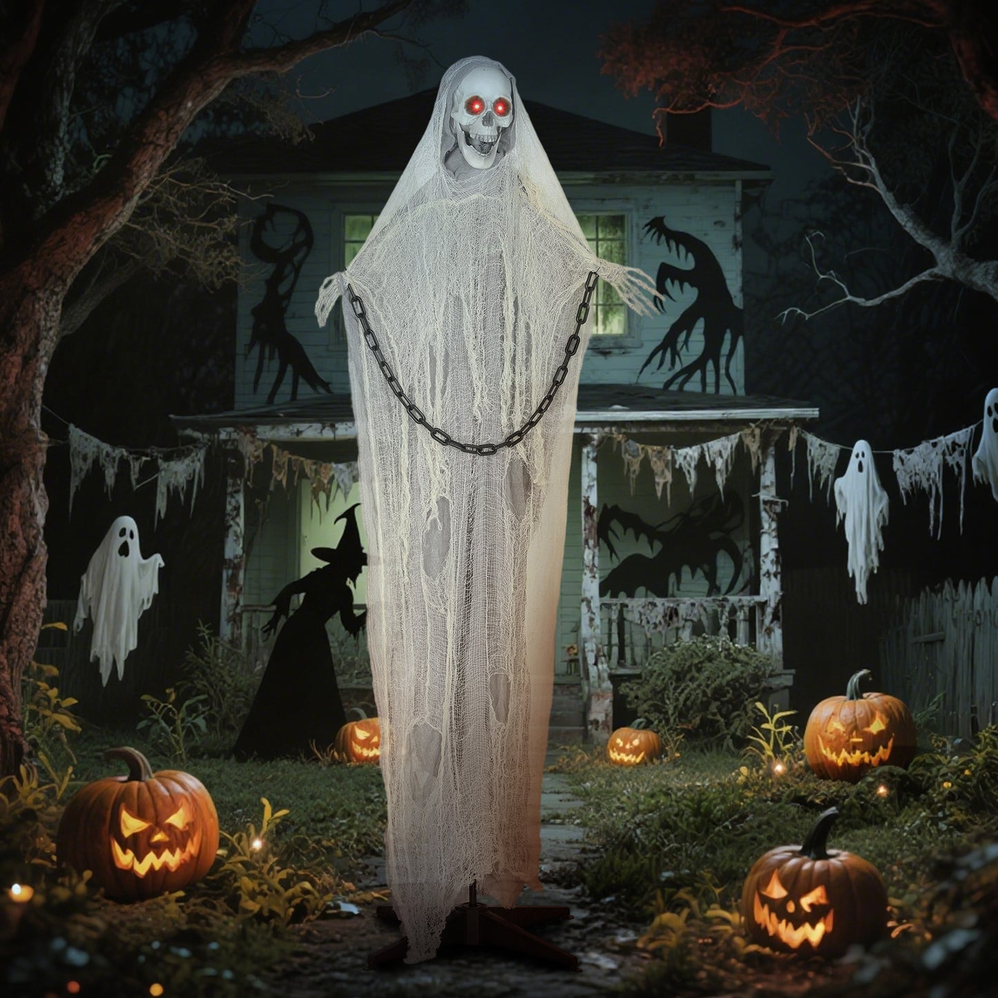 Outsunny 183 cm Life Size Animated Skeleton Grim Reaper with Glowing LED Eyes, Scary Halloween Decorations, Battery Operated, Indoor Props