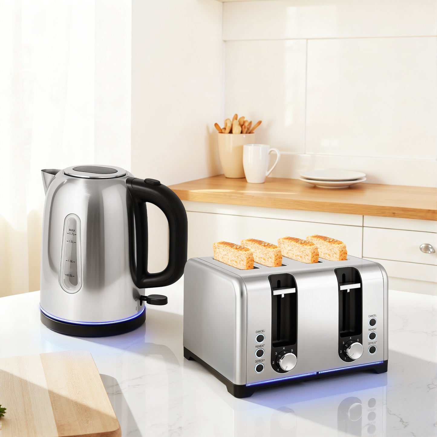 HOMCOM Kettle & Toaster Set, 1.7L 3000W Rapid Boil, Strix Thermostat, Limescale Filter, 4 Slice Toaster, 7 Browning Levels, Crumb Tray, Silver Tone