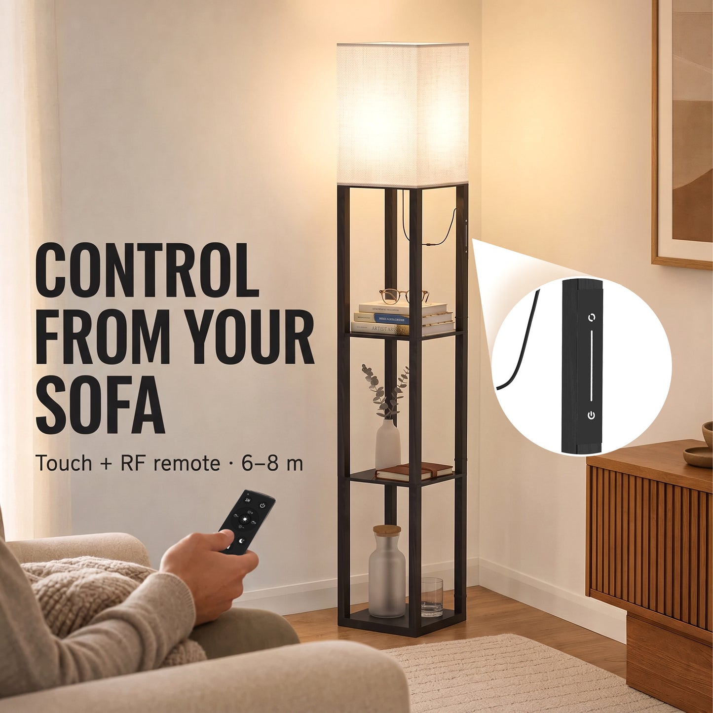 HOMCOM Floor Lamp with Shelves, Modern Dimmable Standing Lamp with Fabric Lampshade, Adjustable Colour Temperature, Black