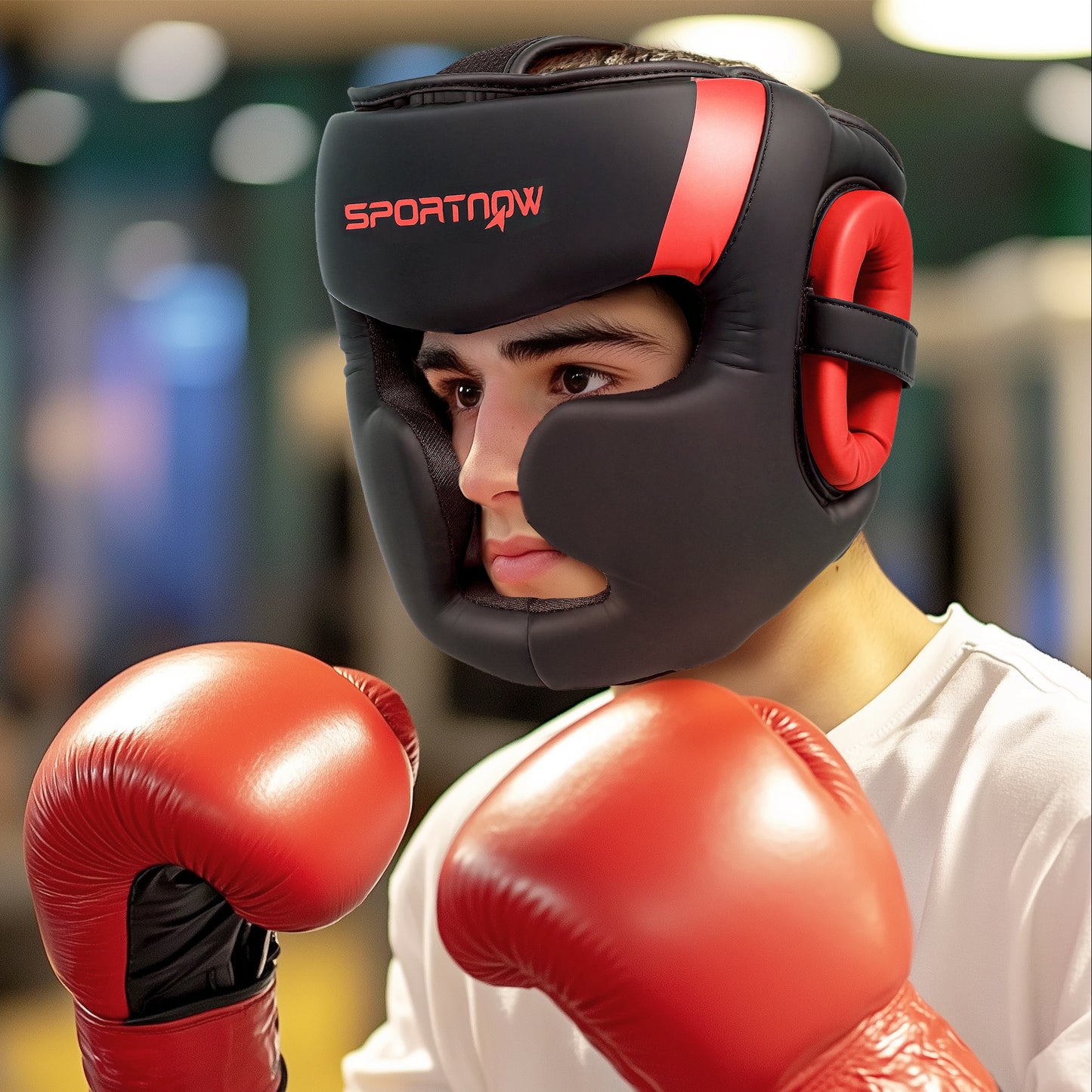 SPORTNOW Boxing Headguard, Adjustable Full Face Protection, Martial Arts, Red