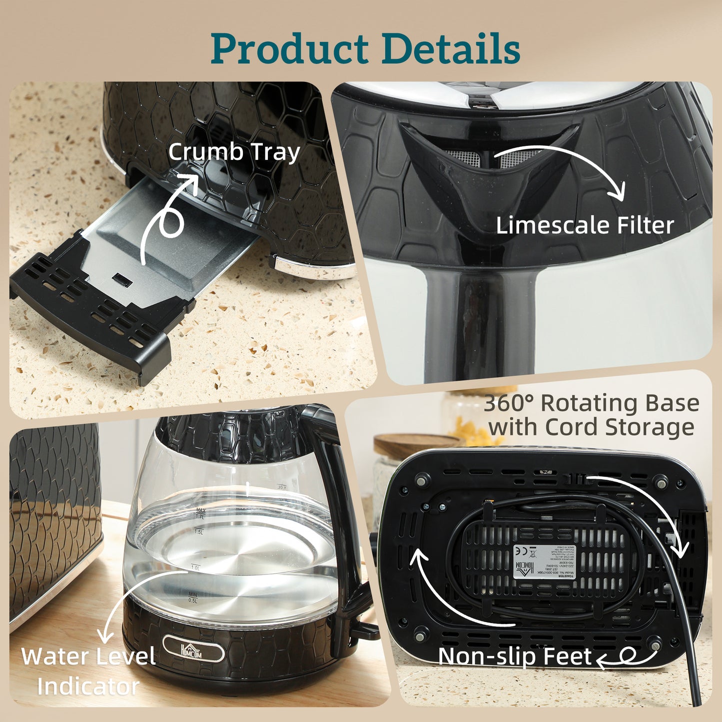 HOMCOM Kettle and Toaster Set, 1.7L 3000W Rapid Kettle with Limescale Filter, 2 Slice Toaster with 7 Browning Controls, Black