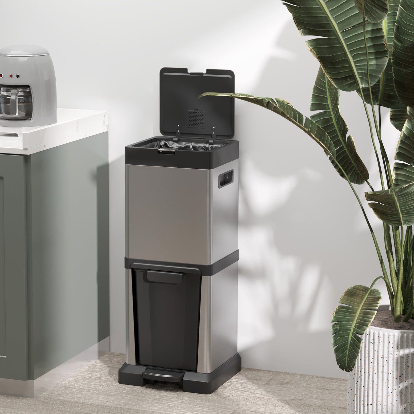 HOMCOM 20+14L Dual Kitchen Bin, Stainless Steel, Pedal & Tilt Out, Soft-Close, Silver