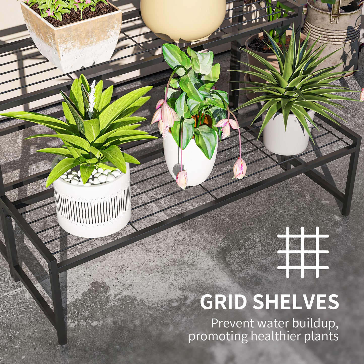 Outsunny 3-Tier Metal Plant Stand, Modern Ladder Shelf Flower Pot Holder for Indoor Outdoor, Display Shelf Rack for Garden Patio Balcony, Black