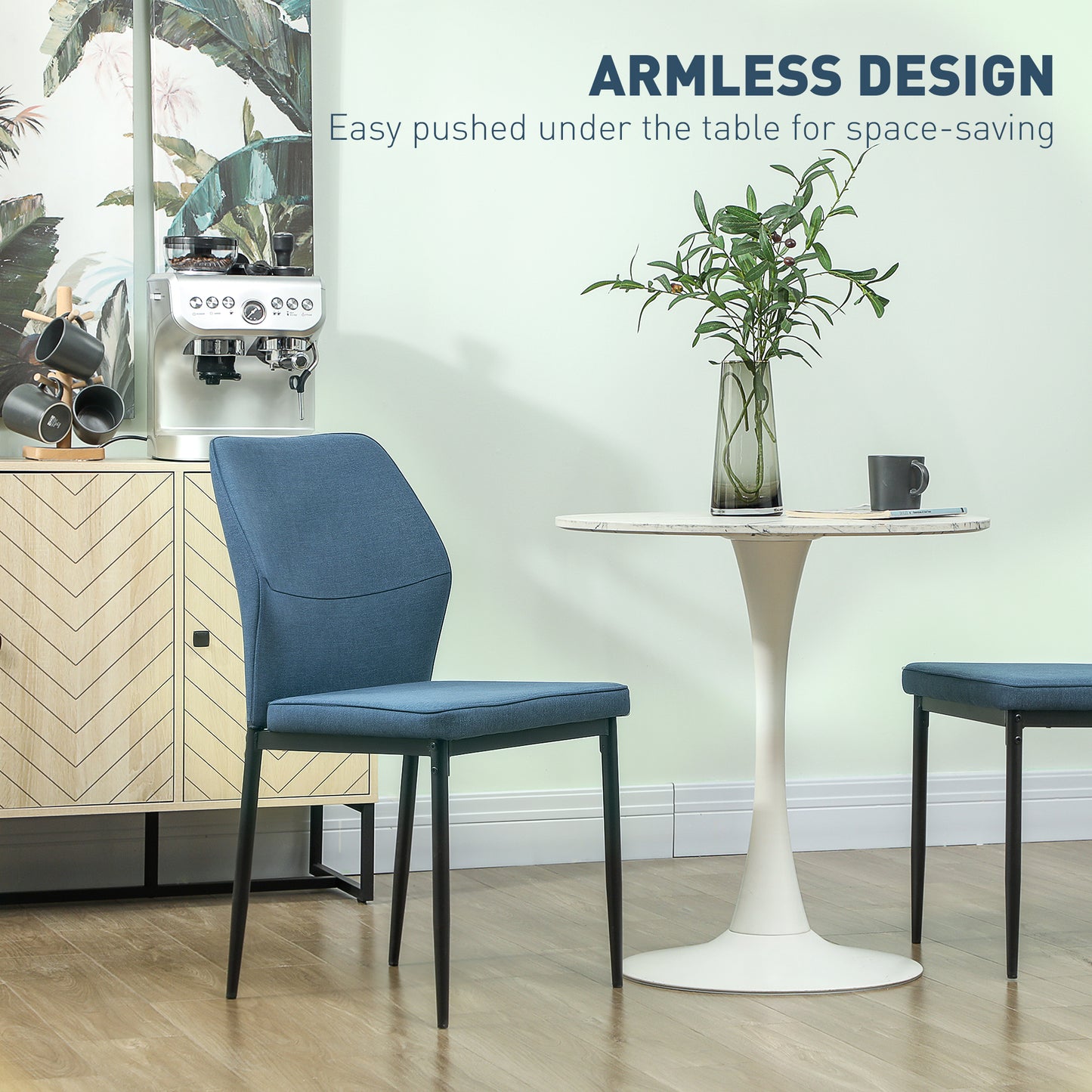 HOMCOM Velvet Dining Chairs Set of 2, Modern Upholstered, Metal Legs, Curved Back, Padded Seat, Armless Side Chairs, Blue