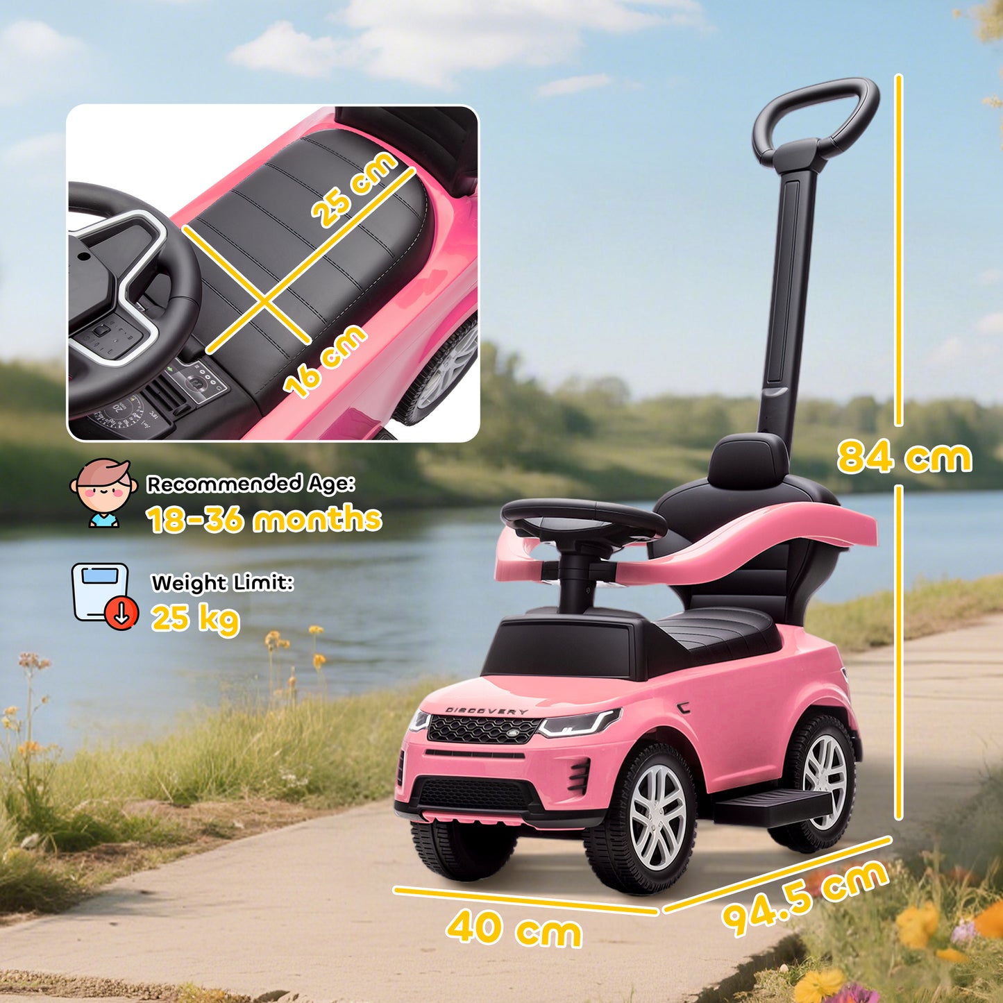 AIYAPLAY LAND ROVER DISCOVERY Licensed Baby Push Car, 2-in-1 Ride on Car with Push Handle and Safety Guardrail, Pink