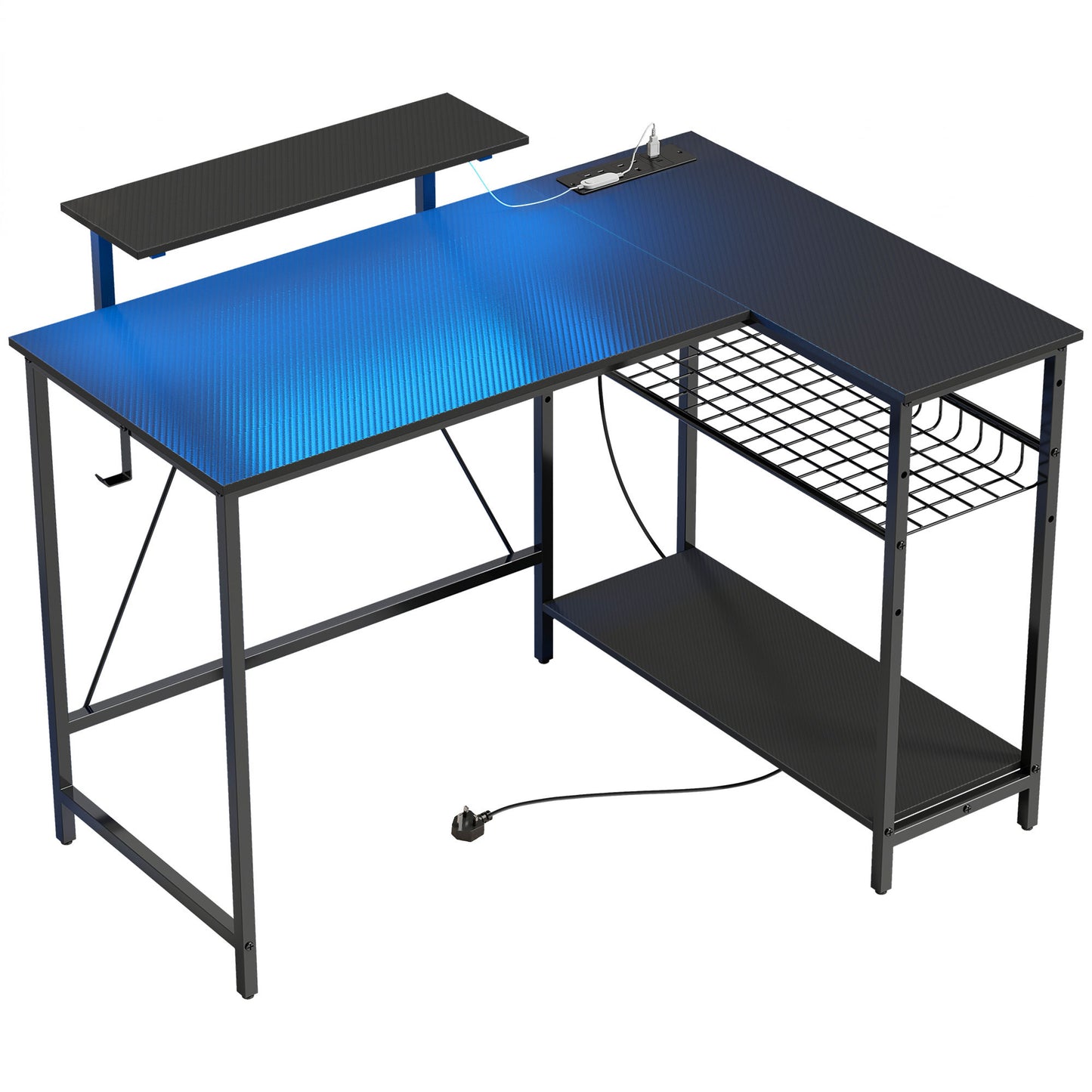 HOMCOM 114.5 cm L-Shaped Gaming Desk, Computer Desk with LED Lights, Power Station and Adjustable Mesh Shelf , Black