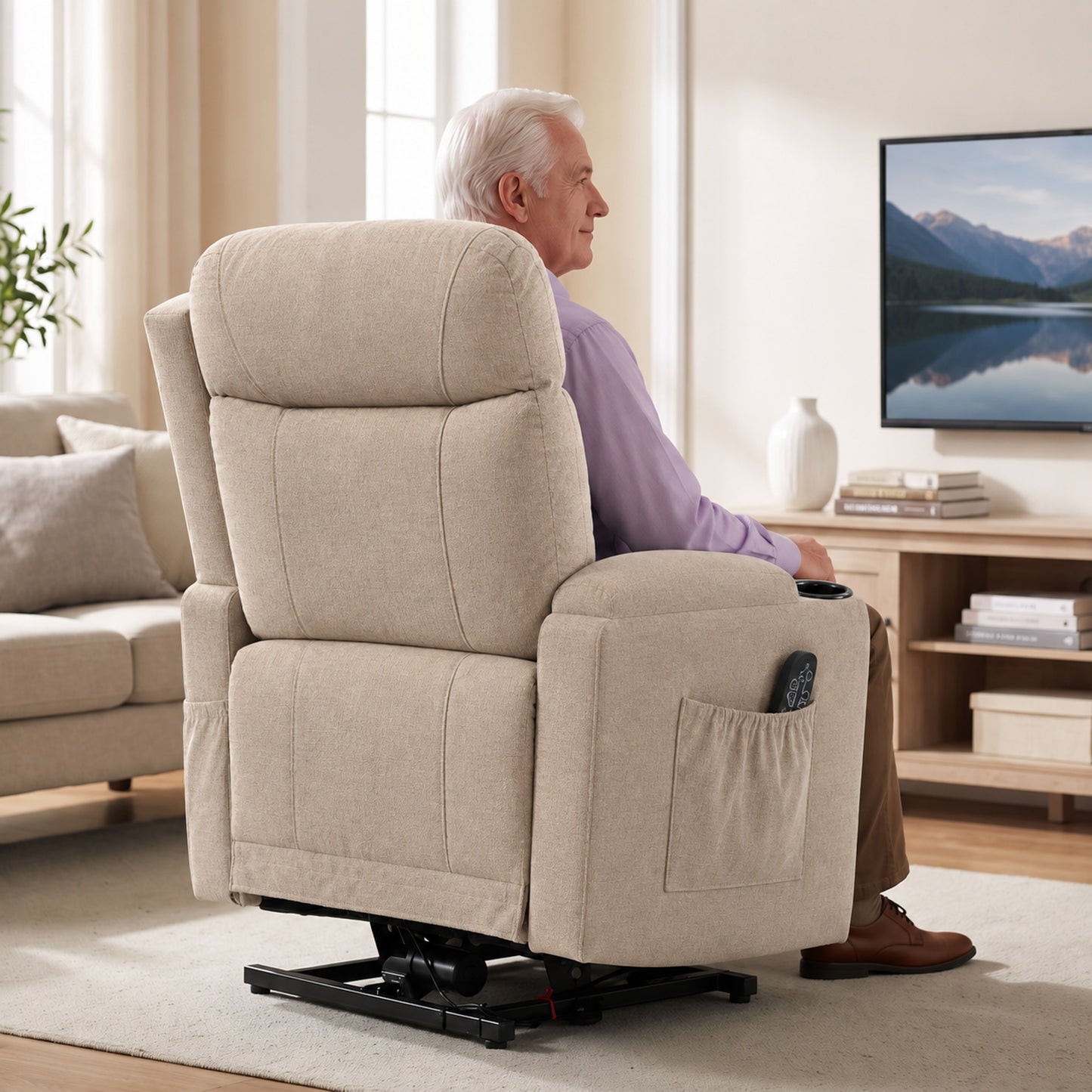 HOMCOM Riser Recliner Chair with Massage and Heat, Linen Electric Lift Armchair for Elderly with Spring Cushion, Beige